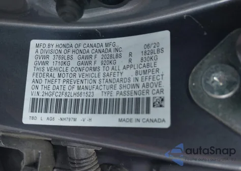 2020 Honda Civic Sport z USA, uszkodzony, nr VIN 2HGFC2F82LH561523